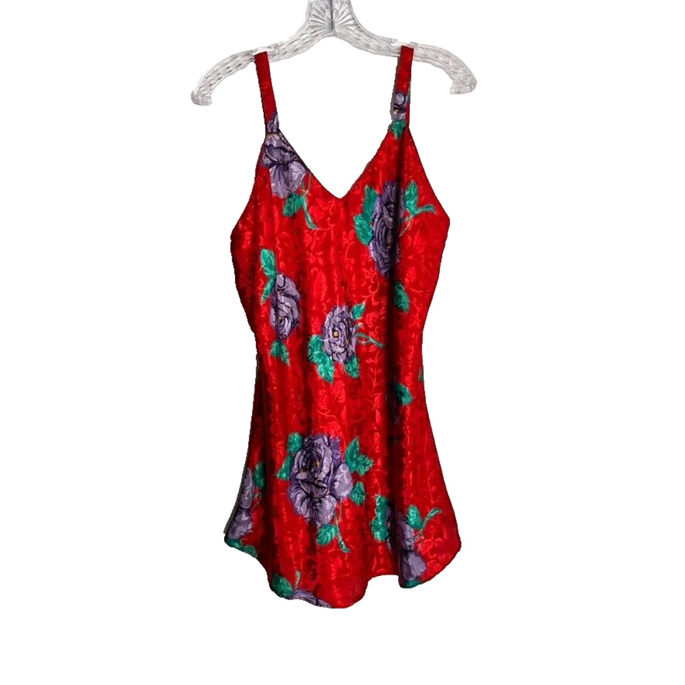 Kathryn Lingerie Dress Slip Satin Red Gown Large Purple Floral V-Neck